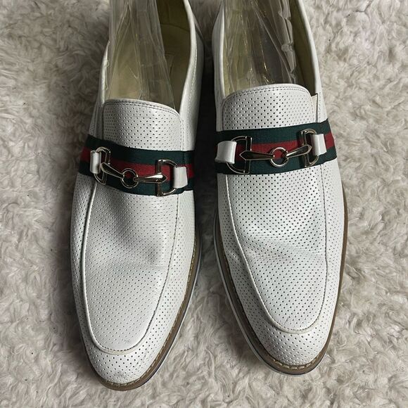 Fratelli White Perforated Leather Gold tone accent Italian Stripe Shoes SZ10M main image 5